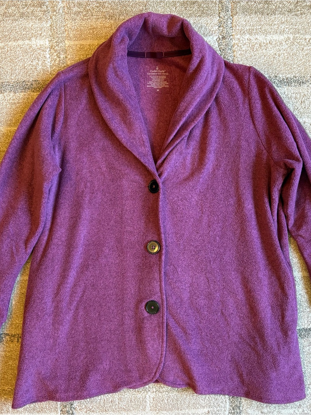 Cuddl Duds Fleecewear Stretch Shawl Collar Button-Front Cardigan Purple Magenta